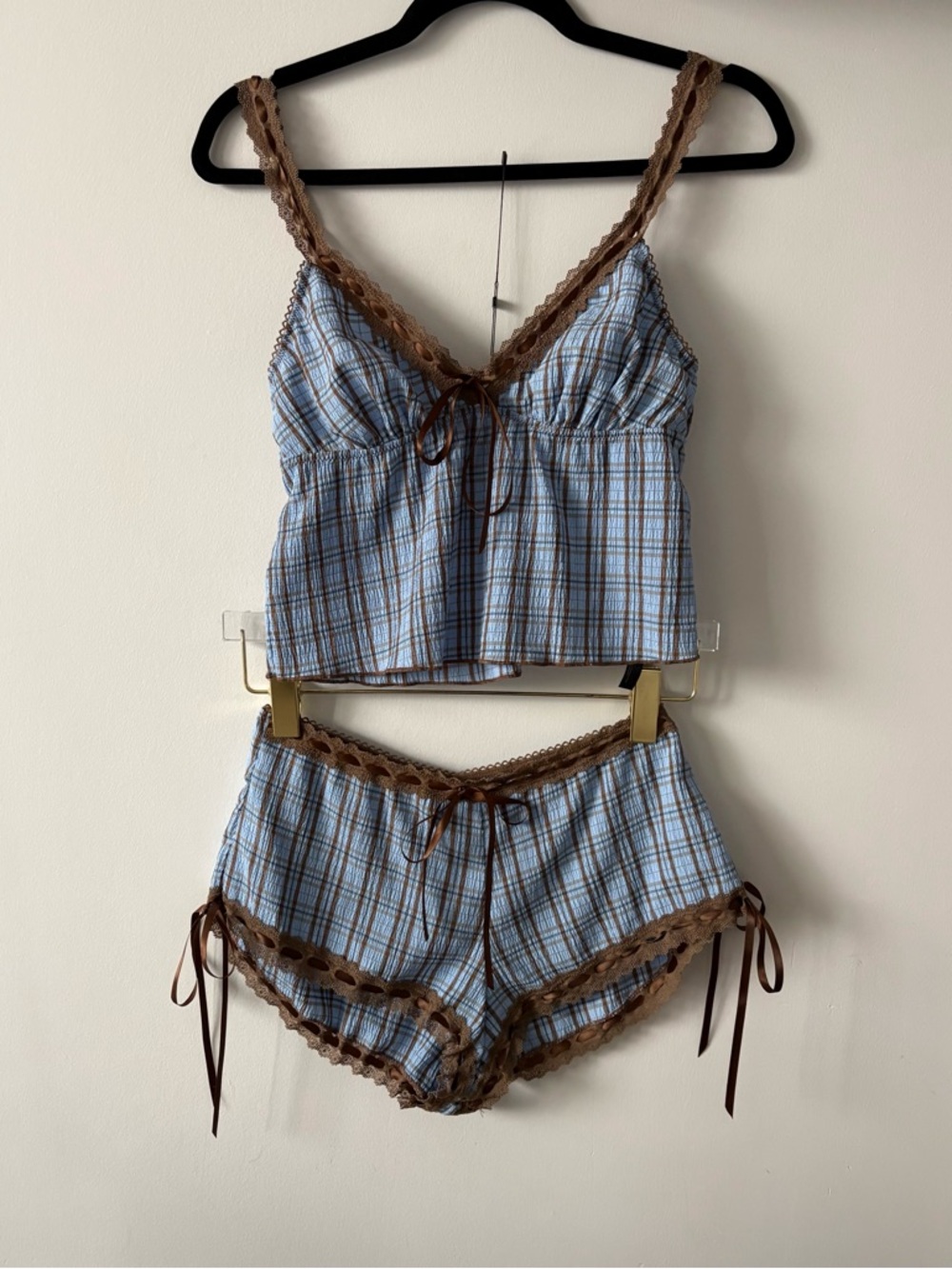 Urban Outfitters - Blue & Brown Plaid Cami Top & Shorts Matching Set with Lace